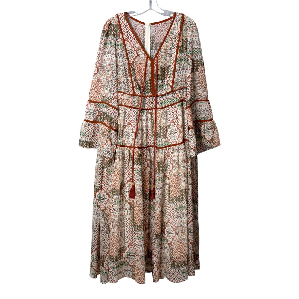 Zuiusm Maxi Dress Womens 2XL Multi Geometric Ikat Tiered Bell Sleeve Boho V-Neck